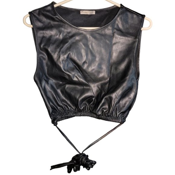 Zara Black Sleeveless Faux Leather Adjustable Tie Crop Top Size Small - Picture 1 of 5